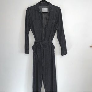 Black Denim Jumpsuit, Long Sleeve, Waist Tie